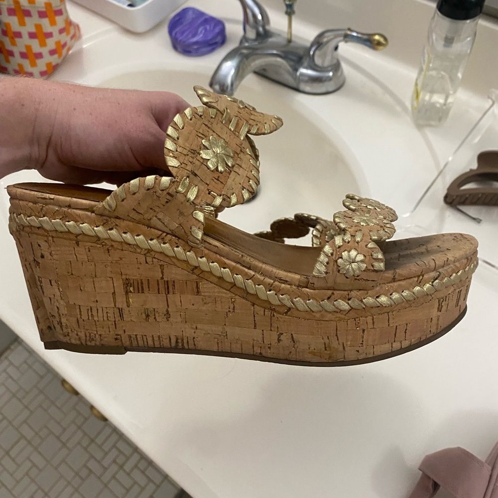 Jack Rogers cork and gold wedges